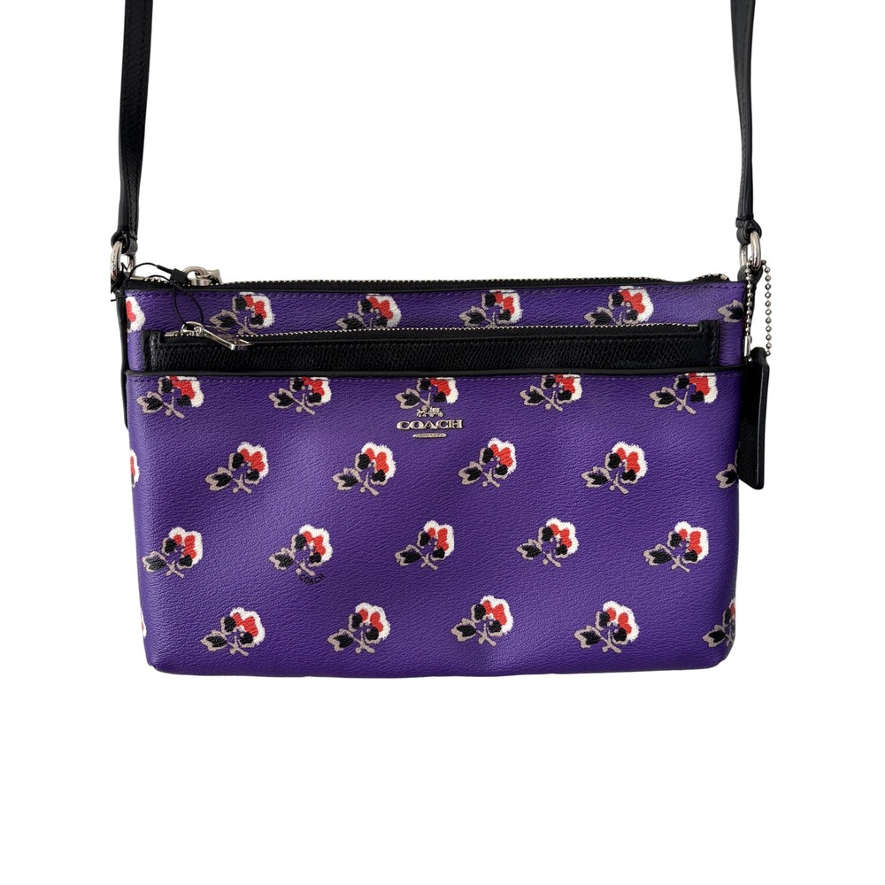 Coach Purple Pansy Floral Print Leather Crossbody Bag with Pouch NWT